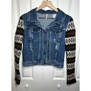 Free People Cypress Farm Knit Sleeve Denim Jacket M Boho Fair Isle